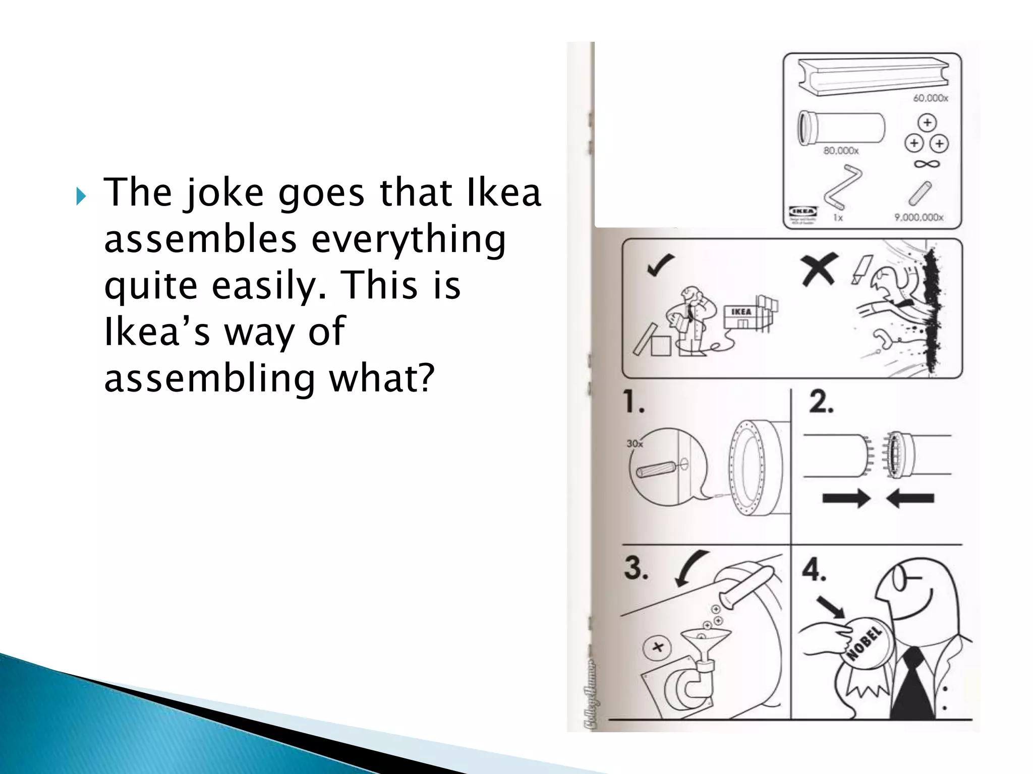    The joke goes that Ikea
    assembles everything
    quite easily. This is
    Ikea’s way of
    assembling what?
 