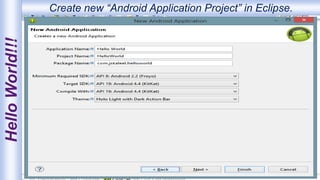 HelloWorld!!! Create new “Android Application Project” in Eclipse.
 