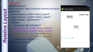 RelativeLayout
Structure:
<RelativeLayout
xmlns:android="http://schemas.android.com/apk/r
es/android"
android:layout_width="match_parent"
android:layout_height="match_parent"
tools:context=“.MainActivity” >
<Button
android:id="@+id/button1"
android:layout_width="wrap_content"
android:layout_height="wrap_content"
android:layout_alignParentLeft="true"
android:layout_alignParentTop="true"
android:text="Button" />
</RelativeLayout>
 