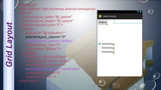 GridLayout
<GridLayout
xmlns:android="http://schemas.android.com/apk/res
/android"
android:layout_width="fill_parent"
android:layout_height="fill_parent"
android:columnCount="2" >
<Button
android:id="@+id/button1"
android:layout_column="0"
android:layout_gravity="left|top"
android:layout_row="0"
android:text="Button" />
<EditText
android:id="@+id/editText1"
android:layout_width="323dp"
android:layout_column="0"
android:layout_gravity="right|bottom"
android:layout_row="0"
android:ems="10" />
</GridLayout>
 