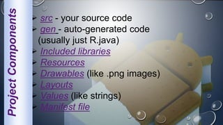  src - your source code
 gen - auto-generated code
(usually just R.java)
 Included libraries
 Resources
 Drawables (like .png images)
 Layouts
 Values (like strings)
 Manifest file
ProjectComponents
 