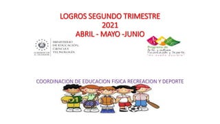 LOGROS SEGUNDO TRIMESTRE
2021
ABRIL - MAYO -JUNIO
COORDINACION DE EDUCACION FISICA RECREACION Y DEPORTE
TEC.: RICARDO ANTONIO LÓPEZ CÓRDOVA
 