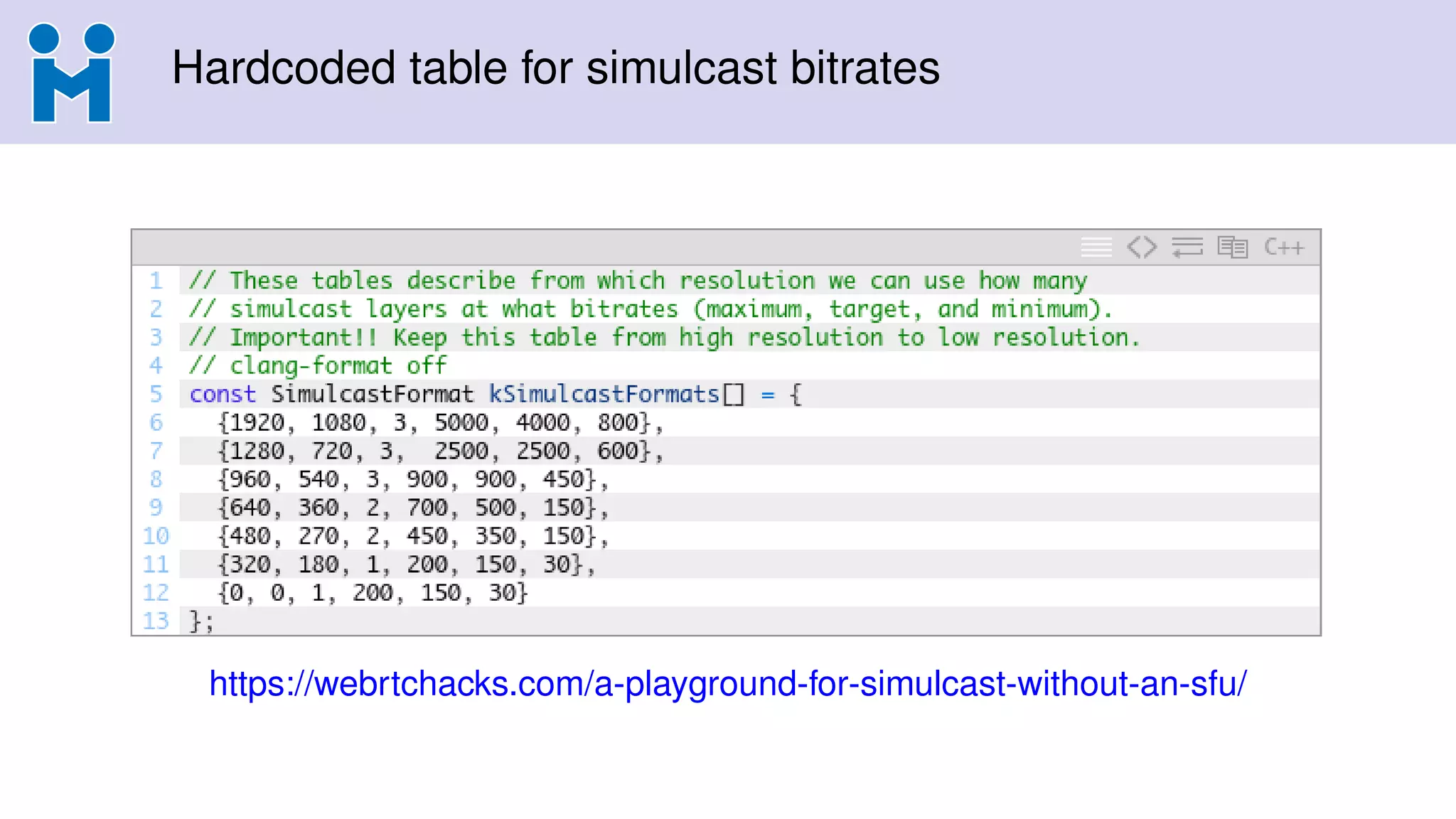 Hardcoded table for simulcast bitrates
https://webrtchacks.com/a-playground-for-simulcast-without-an-sfu/
 
