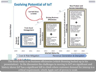 The focus today is on business efficiencies (which Henning backed up in his 
presentation). In the discussion the challenges in moving to IoT are significant and 
history shows IoT has a significant hill to climb where customer demand for interop is a 
critical requirement, which Apple sort of proves is weak. 
 