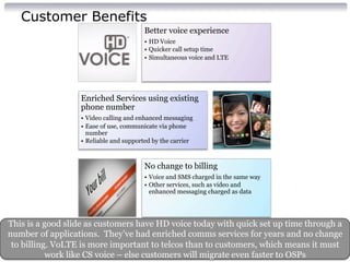 Customer Benefits 
Better voice experience 
• HD Voice 
• Quicker call setup time 
• Simultaneous voice and LTE 
Enriched Services using existing 
phone number 
• Video calling and enhanced messaging 
• Ease of use, communicate via phone 
number 
• Reliable and supported by the carrier 
No change to billing 
• Voice and SMS charged in the same way 
• Other services, such as video and 
enhanced messaging charged as data 
This is a good slide as customers have HD voice today with quick set up time through a 
number of applications. They’ve had enriched comms services for years and no change 
to billing. VoLTE is more important to telcos than to customers, which means it must 
work like CS voice – else customers will migrate even faster to OSPs 
 