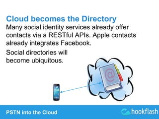 Cloud becomes the Directory 
Many social identity services already offer 
contacts via a RESTful APIs. Apple contacts 
already integrates Facebook. 
Social directories will 
become ubiquitous. 
PSTN into the Cloud 
 