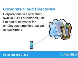 Corporate Cloud Directories 
Corporations will offer their 
own RESTful directories just 
like social networks for 
employees, suppliers, as well 
as customers. 
PSTN into the Cloud 
 