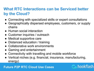 What RTC Interactions can be Serviced better 
by the Cloud? 
● Connecting with specialized skills or expert consultations 
● Geographically dispersed employees, customers, or supply 
chains 
● Human social interaction 
● Customer inquiries / outreach 
● Medical supportive care 
● Distanced education / training 
● Collaborative work environments 
● Gaming and entertainment 
● Connectivity with travelling and mobile workforce 
● Vertical niches (e.g. financial, insurance, manufacturing, 
energy) 
Future P2P RTC Cloud Use Cases 
 