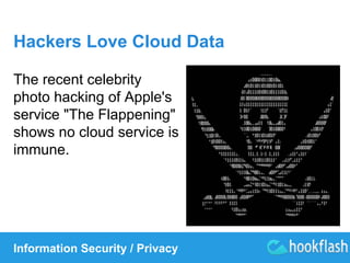 Hackers Love Cloud Data 
The recent celebrity 
photo hacking of Apple's 
service "The Flappening" 
shows no cloud service is 
immune. 
Information Security / Privacy 
 