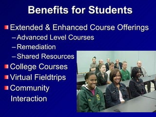 Benefits for Students Extended & Enhanced Course Offerings Advanced Level Courses Remediation Shared Resources College Courses  Virtual Fieldtrips Community  Interaction 