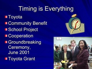Timing is Everything Toyota Community Benefit School Project Cooperation  Groundbreaking Ceremony, June 2001 Toyota Grant 