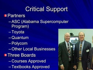 Critical Support Partners ASC (Alabama Supercomputer Program)  Toyota Quantum  Polycom Other Local Businesses Three Boards Courses Approved Textbooks Approved 