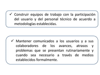  Construir equipos de trabajo con la participación
del usuario y del personal técnico de acuerdo a
metodologías establecidas.
 Mantener comunicados a los usuarios y a sus
colaboradores de los avances, atrasos y
problemas que se presentan rutinariamente y
cuando sea necesario a través de medios
establecidos formalmente.
 