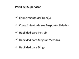 Perfil del Supervisor
 Conocimiento del Trabajo
 Conocimiento de sus Responsabilidades
 Habilidad para Instruir
 Habilidad para Mejorar Métodos
 Habilidad para Dirigir
 