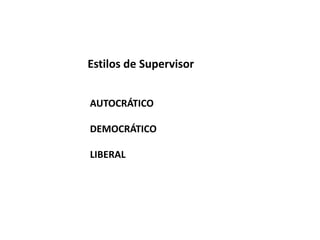 Estilos de Supervisor
AUTOCRÁTICO
DEMOCRÁTICO
LIBERAL
 