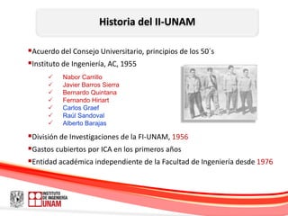 Historia del II-UNAM

Acuerdo del Consejo Universitario, principios de los 50´s
Instituto de Ingeniería, AC, 1955
         Nabor Carrillo
         Javier Barros Sierra
         Bernardo Quintana
         Fernando Hiriart
         Carlos Graef
         Raúl Sandoval
         Alberto Barajas

División de Investigaciones de la FI-UNAM, 1956
Gastos cubiertos por ICA en los primeros años
Entidad académica independiente de la Facultad de Ingeniería desde 1976
 