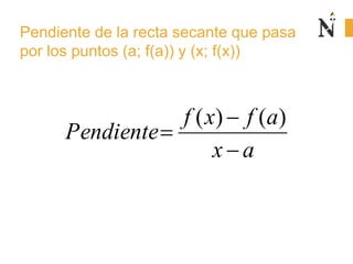 ax
afxf
límm
ax 



)()(
Pendiente de la recta tangente en el punto
(a; f(a))
 