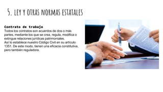 Contrato de trabajo
Todos los contratos son acuerdos de dos o más
partes, mediante los que se crea, regula, modifica o
extingue relaciones jurídicas patrimoniales.
Así lo establece nuestro Código Civil en su artículo
1351. De este modo, tienen una eficacia constitutiva,
pero también reguladora.
5. ley y otras normas estatales
 