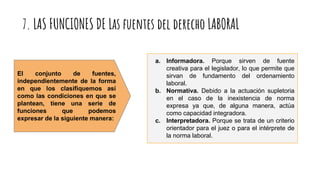7. LAS FUNCIONES DE Las fuentes del derecho LABORAL
a. Informadora. Porque sirven de fuente
creativa para el legislador, lo que permite que
sirvan de fundamento del ordenamiento
laboral.
b. Normativa. Debido a la actuación supletoria
en el caso de la inexistencia de norma
expresa ya que, de alguna manera, actúa
como capacidad integradora.
c. Interpretadora. Porque se trata de un criterio
orientador para el juez o para el intérprete de
la norma laboral.
EI conjunto de fuentes,
independientemente de la forma
en que los clasifiquemos así
como las condiciones en que se
plantean, tiene una serie de
funciones que podemos
expresar de la siguiente manera:
 