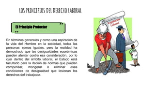 LOS PRINCIPIOS DEL DERECHO LABORAL
El Principio Protector
En términos generales y como una aspiración de
la vida del Hombre en la sociedad, todas las
personas somos iguales, pero la realidad ha
demostrado que las desigualdades económicas
pueden atentar contra esa consideración, por lo
cual dentro del ámbito laboral, el Estado está
facultado para la dación de normas que puedan
compensar, morigerar o eliminar esas
condiciones de desigualdad que lesionan Ios
derechos del trabajador.
 