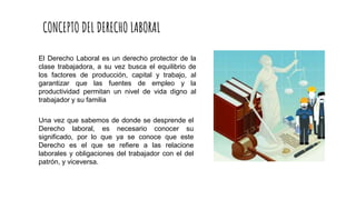 CONCEPTO DEL DERECHO LABORAL
El Derecho Laboral es un derecho protector de la
clase trabajadora, a su vez busca el equilibrio de
los factores de producción, capital y trabajo, al
garantizar que las fuentes de empleo y la
productividad permitan un nivel de vida digno al
trabajador y su familia
Una vez que sabemos de donde se desprende el
Derecho laboral, es necesario conocer su
significado, por lo que ya se conoce que este
Derecho es el que se refiere a las relacione
laborales y obligaciones del trabajador con el del
patrón, y viceversa.
 
