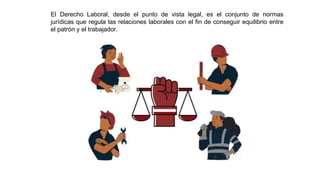 El Derecho Laboral, desde el punto de vista legal, es el conjunto de normas
jurídicas que regula las relaciones laborales con el fin de conseguir equilibrio entre
el patrón y el trabajador.
 