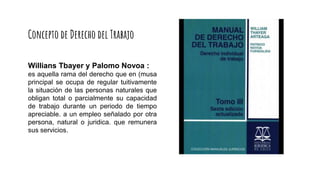 Willians Tbayer y Palomo Novoa :
es aquella rama del derecho que en (musa
principal se ocupa de regular tuitivamente
la situación de las personas naturales que
obligan total o parcialmente su capacidad
de trabajo durante un periodo de tiempo
apreciable. a un empleo señalado por otra
persona, natural o juridica. que remunera
sus servicios.
Concepto de Derecho del Trabajo
 