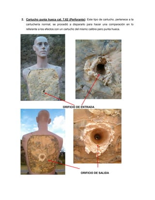 2. Cartucho punta hueca cal. 7,62 (Perforante): Este tipo de cartucho, pertenece a la
cartuchería normal, se procedió a dispararlo para hacer una comparación en lo
referente a los efectos con un cartucho del mismo calibre pero punta hueca.

ORIFICIO DE ENTRADA

ORIFICIO DE SALIDA

 