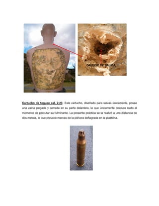 ORIFICIO DE SALIDA

Cartucho de fogueo cal. 2,23: Este cartucho, diseñado para salvas únicamente, posee
una vaina plegada y cerrada en su parte delantera, la que únicamente produce ruido al
momento de percutar su fulminante. La presente práctica se la realizó a una distancia de
dos metros, lo que provocó marcas de la pólvora deflagrada en la plastilina.

 