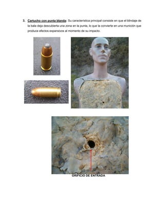 3. Cartucho con punta blanda: Su característica principal consiste en que el blindaje de
la bala deja descubierta una zona en la punta, lo que la convierte en una munición que
produce efectos expansivos al momento de su impacto.

ORIFICIO DE ENTRADA

 
