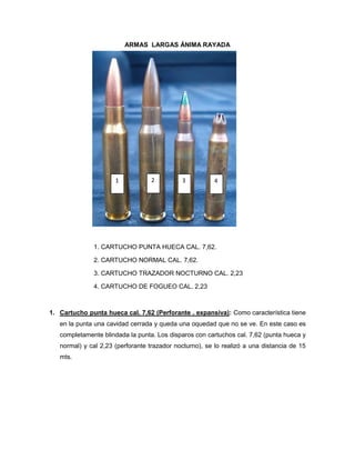 ARMAS LARGAS ÁNIMA RAYADA

1

2

3

4

1. CARTUCHO PUNTA HUECA CAL. 7,62.
2. CARTUCHO NORMAL CAL. 7,62.
3. CARTUCHO TRAZADOR NOCTURNO CAL. 2,23
4. CARTUCHO DE FOGUEO CAL. 2,23

1. Cartucho punta hueca cal. 7,62 (Perforante . expansiva): Como característica tiene
en la punta una cavidad cerrada y queda una oquedad que no se ve. En este caso es
completamente blindada la punta. Los disparos con cartuchos cal. 7,62 (punta hueca y
normal) y cal 2,23 (perforante trazador nocturno), se lo realizó a una distancia de 15
mts.

 