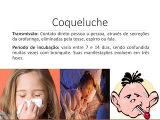 Coqueluche
Transmissão: Contato direto pessoa a pessoa, através de secreções
da orofaringe, eliminadas pela tosse, espirro ou fala.
Período de incubação: varia entre 7 e 14 dias, sendo confundida
muitas vezes com bronquite. Suas manifestações evoluem em três
fases.
 