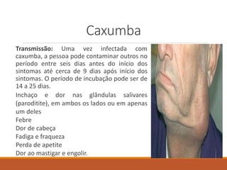 Caxumba
Transmissão: Uma vez infectada com
caxumba, a pessoa pode contaminar outros no
período entre seis dias antes do início dos
sintomas até cerca de 9 dias após início dos
sintomas. O período de incubação pode ser de
14 a 25 dias.
Inchaço e dor nas glândulas salivares
(paroditite), em ambos os lados ou em apenas
um deles
Febre
Dor de cabeça
Fadiga e fraqueza
Perda de apetite
Dor ao mastigar e engolir.
 