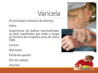 Varicela
Os principais sintomas da doença:
Febre
Surgimento de bolhas avermelhadas
na pele espalhadas por todo o corpo
(o número de erupções varia de 250 a
500)
Coceira
Mal-estar
Perda de apetite
Dor de cabeça
Diarréia.
 