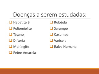 Doenças a serem estudadas:
 Hepatite B
 Poliomielite
 Tétano
 Difteria
 Meningite
 Febre Amarela
 Rubéola
 Sarampo
 Caxumba
 Varicela
 Raiva Humana
 