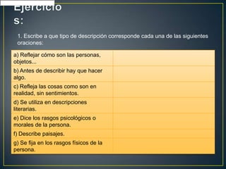 1. Escribe a que tipo de descripción corresponde cada una de las siguientes
 oraciones:

a) Reflejar cómo son las personas,
objetos...
b) Antes de describir hay que hacer
algo.
c) Refleja las cosas como son en
realidad, sin sentimientos.
d) Se utiliza en descripciones
literarias.
e) Dice los rasgos psicológicos o
morales de la persona.
f) Describe paisajes.
g) Se fija en los rasgos físicos de la
persona.
 