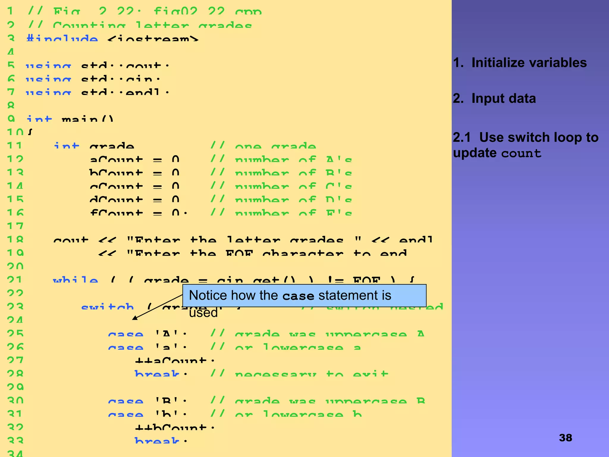 38
1. Initialize variables
2. Input data
2.1 Use switch loop to
update count
1 // Fig. 2.22: fig02_22.cpp
2 // Counting letter grades
3 #include <iostream>
4
5 using std::cout;
6 using std::cin;
7 using std::endl;
8
9 int main()
10{
11 int grade, // one grade
12 aCount = 0, // number of A's
13 bCount = 0, // number of B's
14 cCount = 0, // number of C's
15 dCount = 0, // number of D's
16 fCount = 0; // number of F's
17
18 cout << "Enter the letter grades." << endl
19 << "Enter the EOF character to end
input." << endl;20
21 while ( ( grade = cin.get() ) != EOF ) {
22
23 switch ( grade ) { // switch nested
in while24
25 case 'A': // grade was uppercase A
26 case 'a': // or lowercase a
27 ++aCount;
28 break; // necessary to exit
switch29
30 case 'B': // grade was uppercase B
31 case 'b': // or lowercase b
32 ++bCount;
33 break;
Notice how the case statement is
used
 