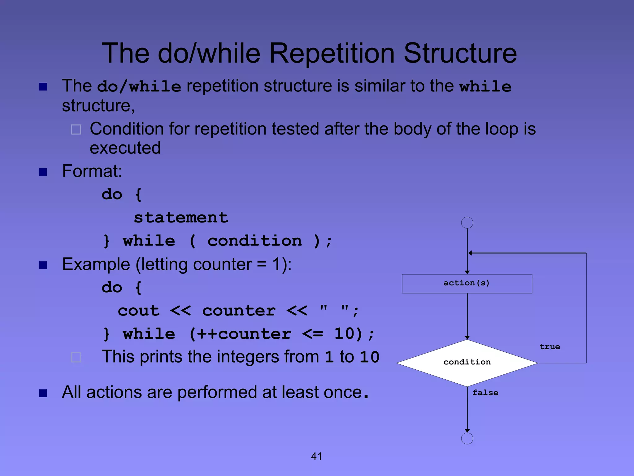 41
The do/while Repetition Structure
 The do/while repetition structure is similar to the while
structure,
 Condition for repetition tested after the body of the loop is
executed
 Format:
do {
statement
} while ( condition );
 Example (letting counter = 1):
do {
cout << counter << " ";
} while (++counter <= 10);
 This prints the integers from 1 to 10
 All actions are performed at least once.
true
false
action(s)
condition
 