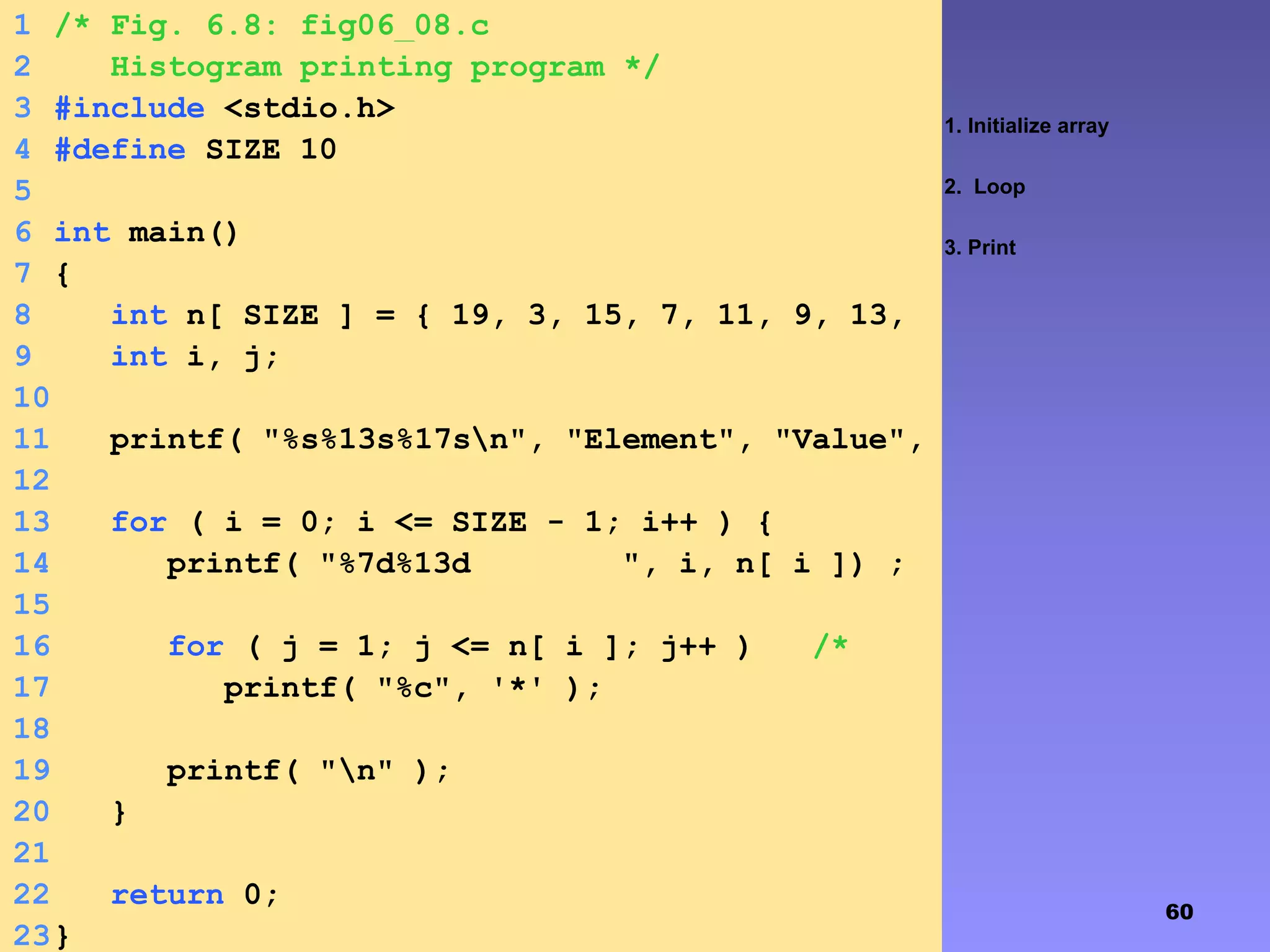 60
1. Initialize array
2. Loop
3. Print
1 /* Fig. 6.8: fig06_08.c
2 Histogram printing program */
3 #include <stdio.h>
4 #define SIZE 10
5
6 int main()
7 {
8 int n[ SIZE ] = { 19, 3, 15, 7, 11, 9, 13,
5, 17, 1 };9 int i, j;
10
11 printf( "%s%13s%17sn", "Element", "Value",
"Histogram" );12
13 for ( i = 0; i <= SIZE - 1; i++ ) {
14 printf( "%7d%13d ", i, n[ i ]) ;
15
16 for ( j = 1; j <= n[ i ]; j++ ) /*
print one bar */17 printf( "%c", '*' );
18
19 printf( "n" );
20 }
21
22 return 0;
23}
 