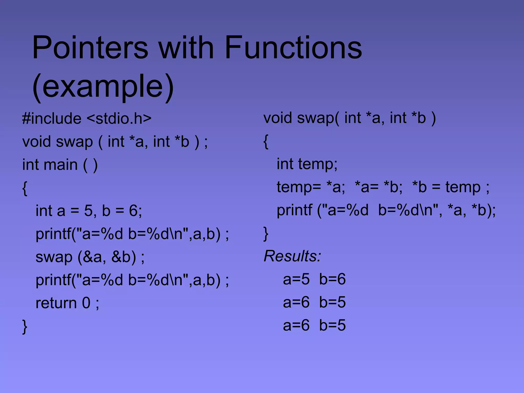 Pointers with Functions
(example)
#include <stdio.h>
void swap ( int *a, int *b ) ;
int main ( )
{
int a = 5, b = 6;
printf("a=%d b=%dn",a,b) ;
swap (&a, &b) ;
printf("a=%d b=%dn",a,b) ;
return 0 ;
}
void swap( int *a, int *b )
{
int temp;
temp= *a; *a= *b; *b = temp ;
printf ("a=%d b=%dn", *a, *b);
}
Results:
a=5 b=6
a=6 b=5
a=6 b=5
 