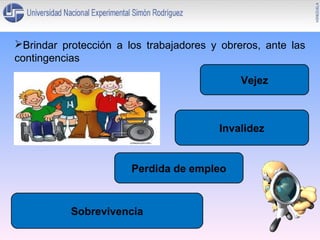 Brindar protección a los trabajadores y obreros, ante las
contingencias
Vejez

Invalidez

Perdida de empleo

Sobrevivencia

 