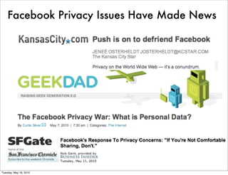 Facebook Privacy Issues Have Made News




Tuesday, May 18, 2010
 