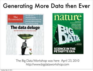 Generating More Data then Ever




                        The Big Data Workshop was here April 23, 2010
                                http://www.bigdataworkshop.com
Tuesday, May 18, 2010
 