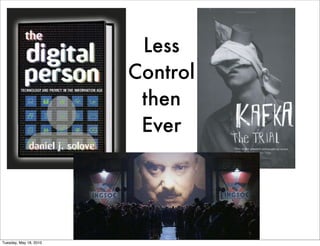 Less
                        Control
                         then
                         Ever




Tuesday, May 18, 2010
 