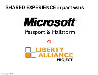 SHARED EXPERIENCE in past wars




                        Passport & Hailstorm
                                vs




Tuesday, May 18, 2010
 