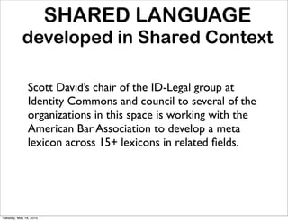 SHARED LANGUAGE
           developed in Shared Context

               Scott David’s chair of the ID-Legal group at
               Identity Commons and council to several of the
               organizations in this space is working with the
               American Bar Association to develop a meta
               lexicon across 15+ lexicons in related ﬁelds.




Tuesday, May 18, 2010
 