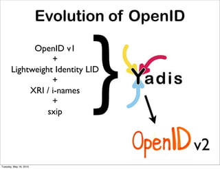 Evolution of OpenID



                               }
             OpenID v1
                  +
       Lightweight Identity LID
                  +
            XRI / i-names
                  +
                 sxip


                                              v2
Tuesday, May 18, 2010
 