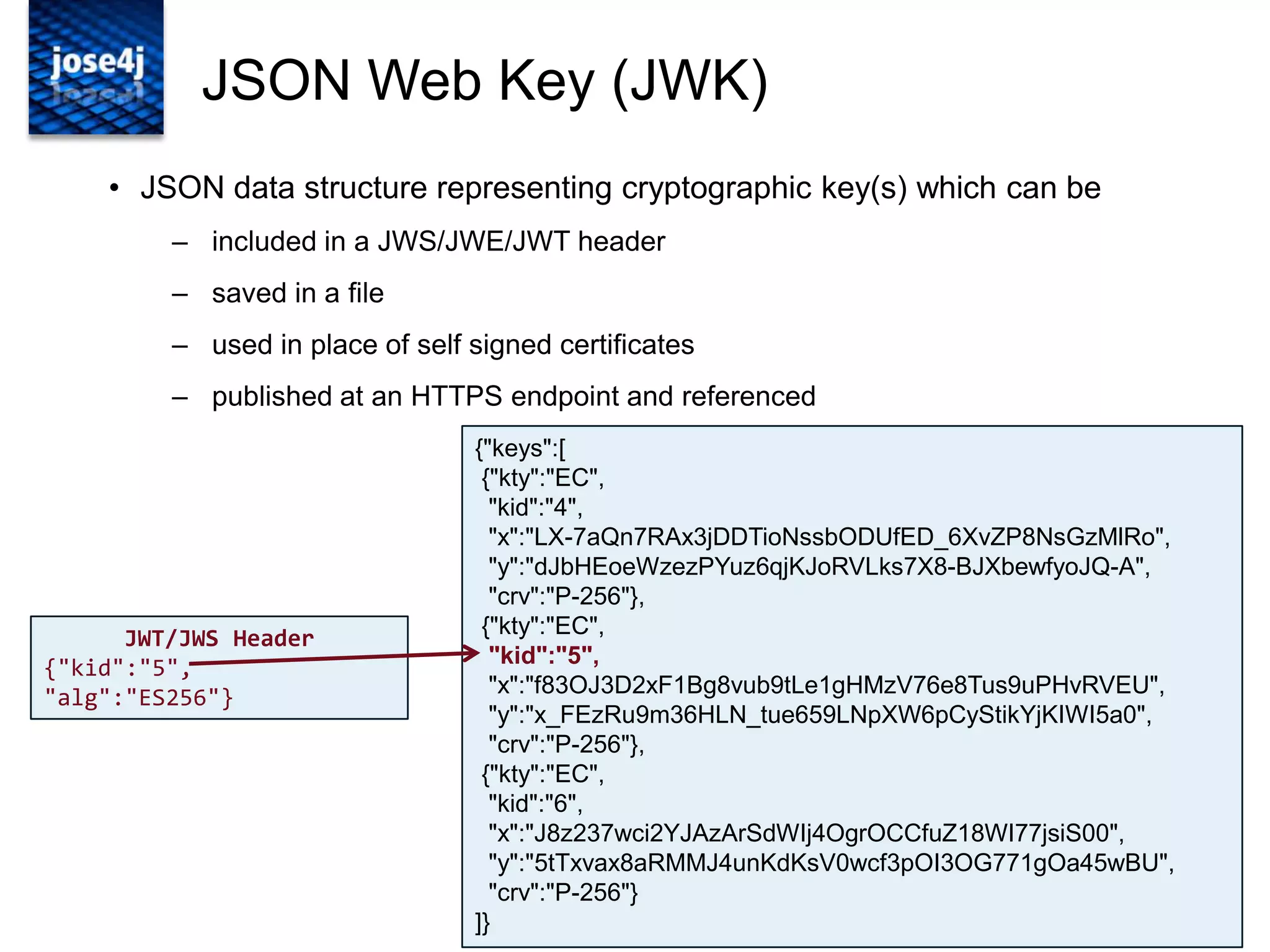 29
JSON Web Key (JWK)
Copyright © 2014 Brian Campbell. All rights reserved.
• JSON data structure representing cryptographic key(s) which can be
– included in a JWS/JWE/JWT header
– saved in a file
– used in place of self signed certificates
– published at an HTTPS endpoint and referenced
JWT/JWS Header
{"kid":"5",
"alg":"ES256"}
{"keys":[
{"kty":"EC",
"kid":"4",
"x":"LX-7aQn7RAx3jDDTioNssbODUfED_6XvZP8NsGzMlRo",
"y":"dJbHEoeWzezPYuz6qjKJoRVLks7X8-BJXbewfyoJQ-A",
"crv":"P-256"},
{"kty":"EC",
"kid":"5",
"x":"f83OJ3D2xF1Bg8vub9tLe1gHMzV76e8Tus9uPHvRVEU",
"y":"x_FEzRu9m36HLN_tue659LNpXW6pCyStikYjKIWI5a0",
"crv":"P-256"},
{"kty":"EC",
"kid":"6",
"x":"J8z237wci2YJAzArSdWIj4OgrOCCfuZ18WI77jsiS00",
"y":"5tTxvax8aRMMJ4unKdKsV0wcf3pOI3OG771gOa45wBU",
"crv":"P-256"}
]}
 