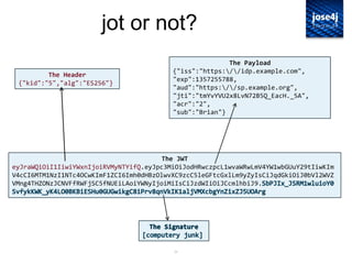 26
jot or not?
The JWT
eyJraWQiOiI1IiwiYWxnIjoiRVMyNTYifQ.eyJpc3MiOiJodHRwczpcL1wvaWRwLmV4YW1wbGUuY29tIiwKIm
V4cCI6MTM1NzI1NTc4OCwKImF1ZCI6Imh0dHBzOlwvXC9zcC5leGFtcGxlLm9yZyIsCiJqdGkiOiJ0bVl2WVZ
VMng4THZONzJCNVFfRWFjSC5fNUEiLAoiYWNyIjoiMiIsCiJzdWIiOiJCcmlhbiJ9.
The Header
{"kid":"5","alg":"ES256"}
The Payload
{"iss":"https://idp.example.com",
"exp":1357255788,
"aud":"https://sp.example.org",
"jti":"tmYvYVU2x8LvN72B5Q_EacH._5A",
"acr":"2",
"sub":"Brian"}
 