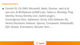 11
Implementers
■ Finnish ID, CA DMV, Microsoft, Mattr, IDunion, walt.id &
yes.com & BCDiploma (eSSIF-Lab), Talao.io, Workday, Ping
Identity, Trinsic/Dentity (incl. Auth0 plugin),
Convergence.Tech, Sphereon, Gimly, CAS Software AG,
Verimi/Deutsche Telekom, Spruce, Crossword, ValidatedID,
IQ4, Diwala, Entrustient, Danube Tech, …
 